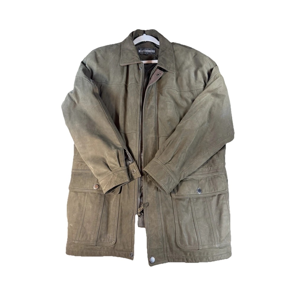 Members Only Leather Field Jacket Mens L Olive Brown Safari Coat Size L